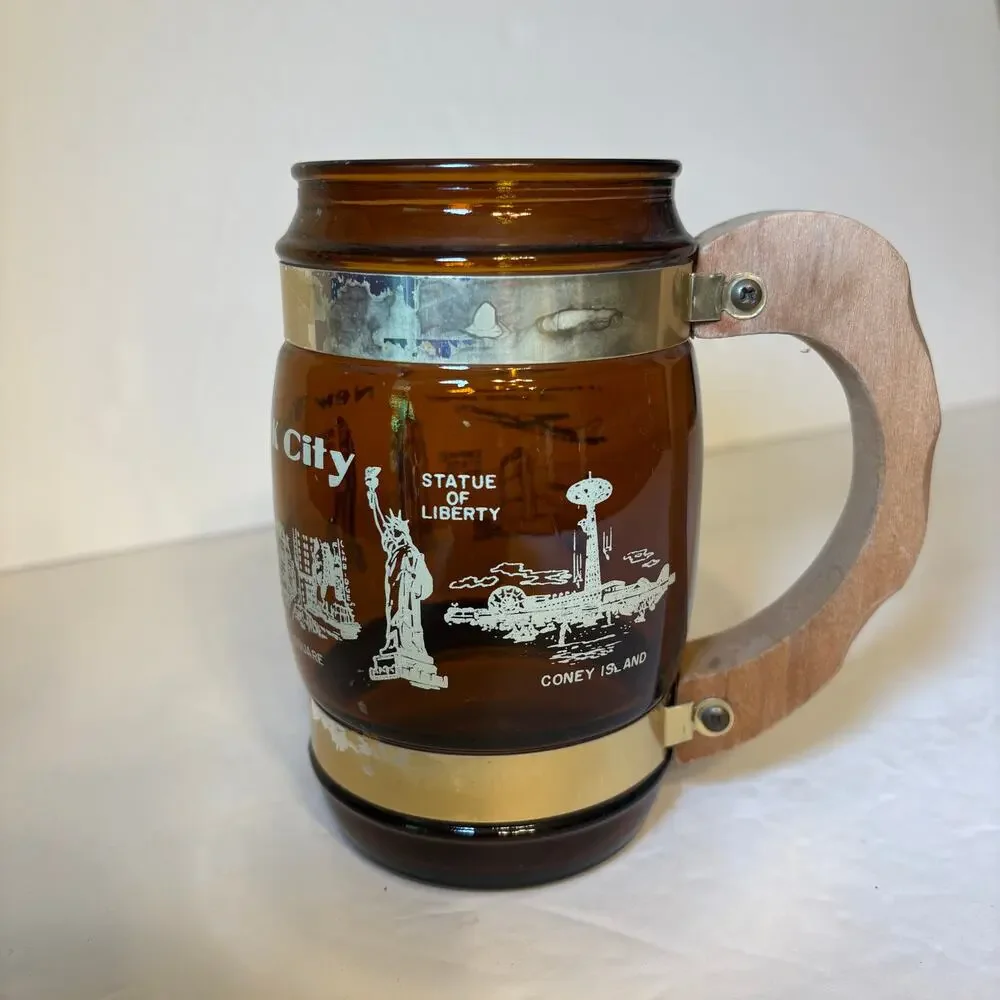 Vintage New York City NYC Souvenir Brown Glass Barrel Mug Wood Handle